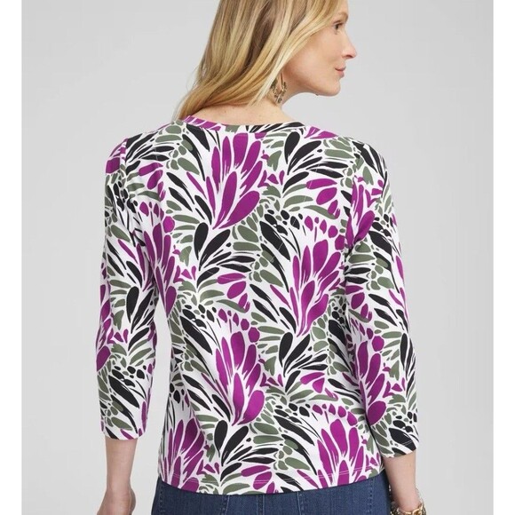 Chicos White Purple Olive Floral 3/4 Sleeve V-Neck Cotton Woman Sz 1 Medium Top - Picture 4 of 13
